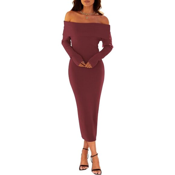 Women's Off Shoulder Bodycon Sweater Dress Long Sleeve Party Midi Dress Burgundy - Picture 2 of 9